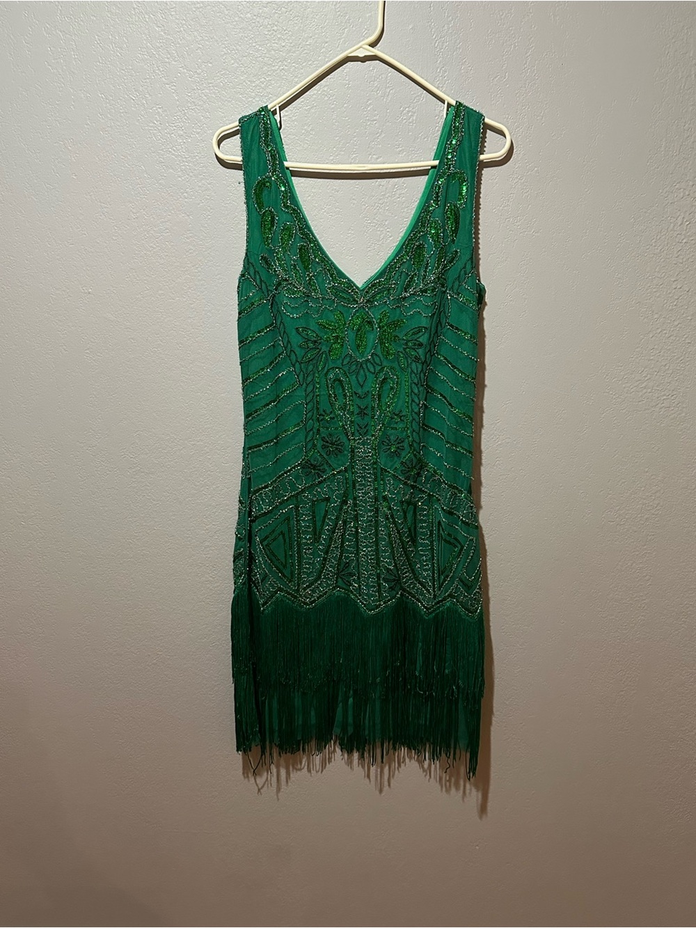 Vintage Green Beaded Fringe Flapper Dress